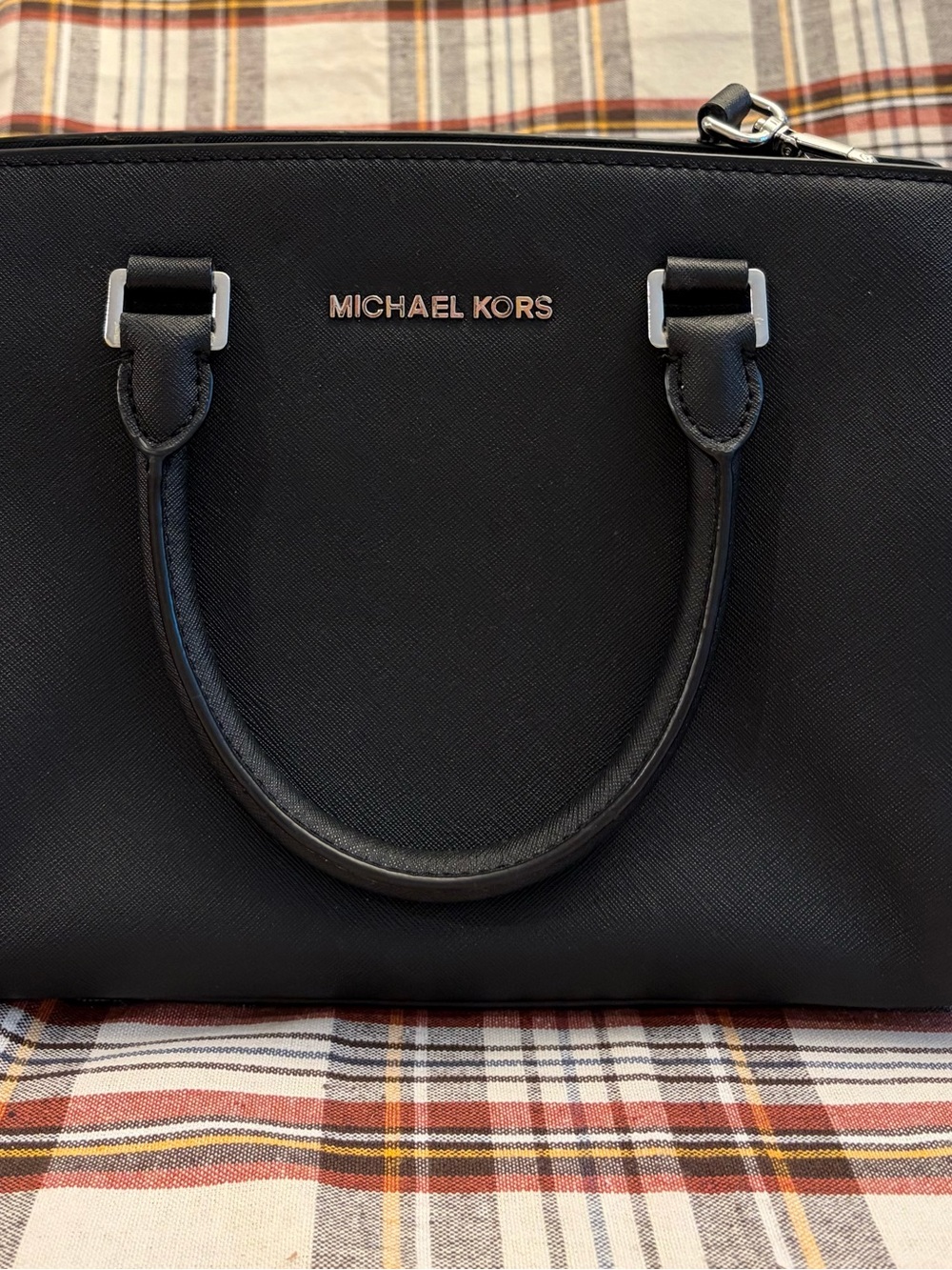 Michael Kors Black Saffiano Leather Satchel with Gold Tone Logo